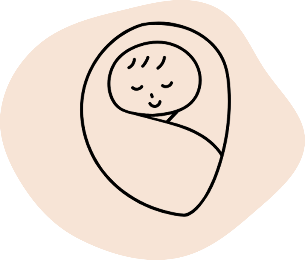 Simple line drawing of a baby swaddled in a blanket with a peaceful expression.