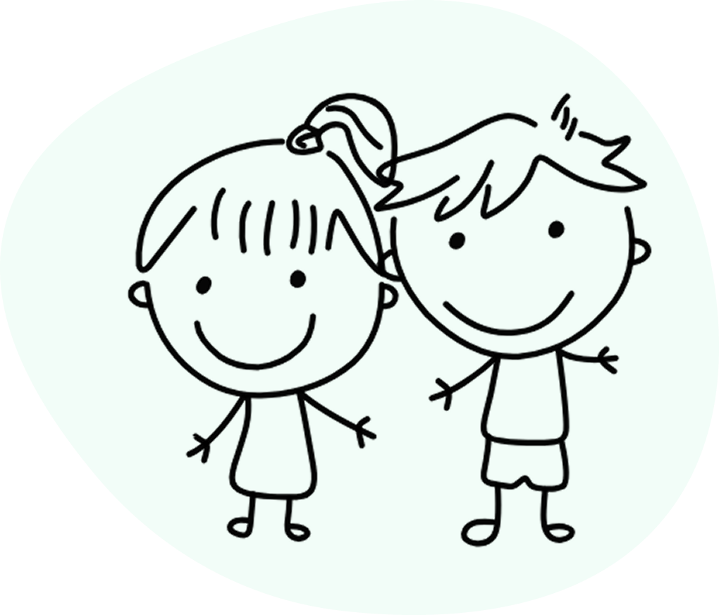 A simple black and white drawing of two children holding hands, smiling, with happy expressions.