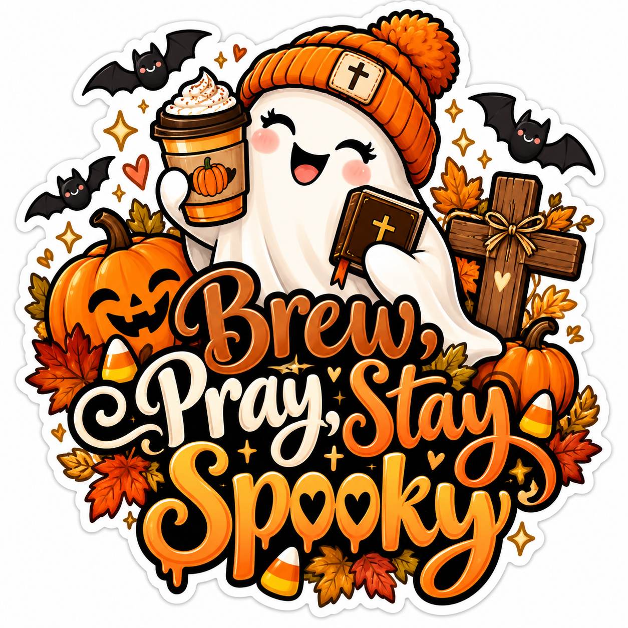 “Brew, Pray, Stay Spooky” Sticker