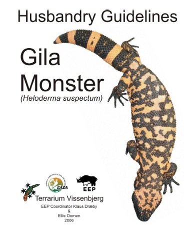 Cover of a guide titled 'Husbandry Guidelines for Gila Monster (Heloderma suspectum)', featuring an image of a gila monster lizard, and logos of terrarium organizations.