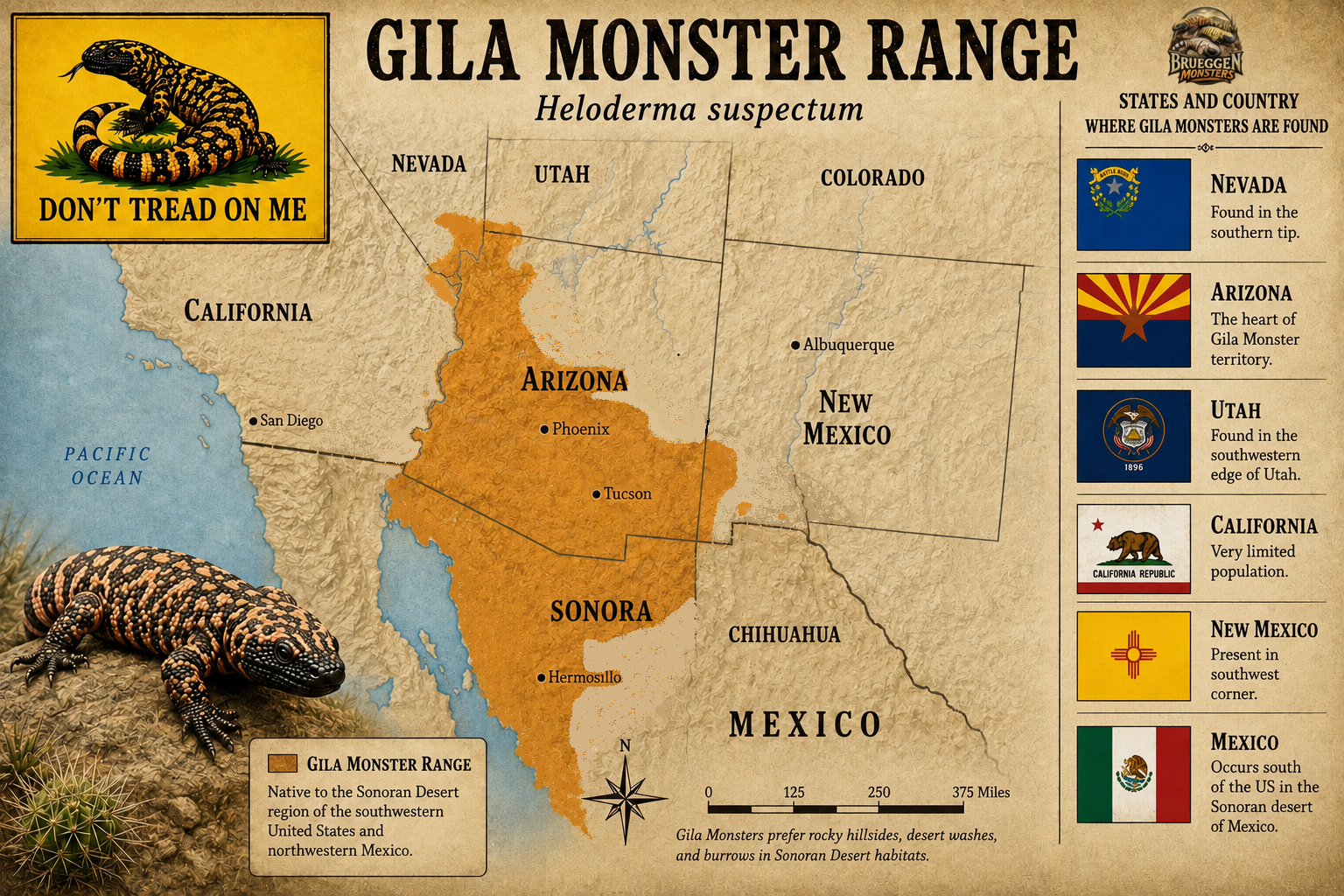 Map illustrating the Gila Monster range in the southwestern United States, covering parts of California, Arizona, Nevada, Utah, Sonora in Mexico, and New Mexico. The map highlights Gila Monster habitats in orange with a key, and includes images of a Gila Monster and a sign that reads 'Don't Tread on Me.'
