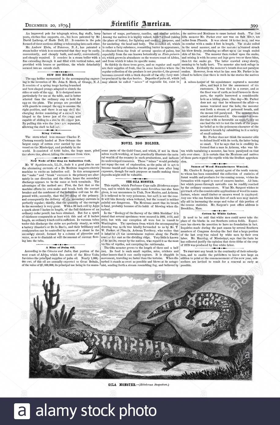 Page from a vintage scientific newspaper, dated December 20, 1879, featuring articles on early inventions, natural history, and illustrations of a gila monster and other reptiles.