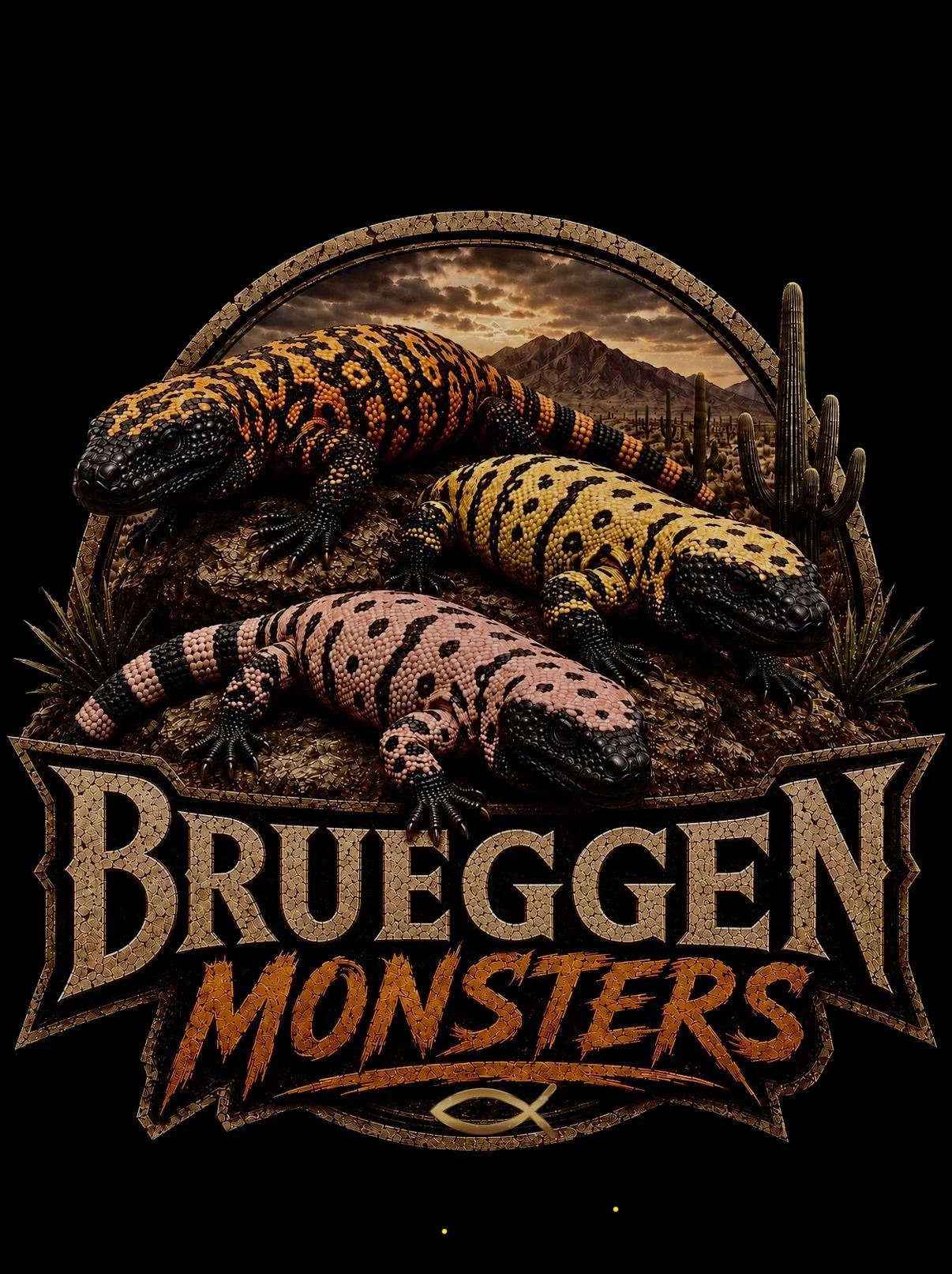 Design featuring three colorful lizards, desert landscape with mountains and cacti, and the text 'Brueggen Monsters' with a fish symbol at the bottom.