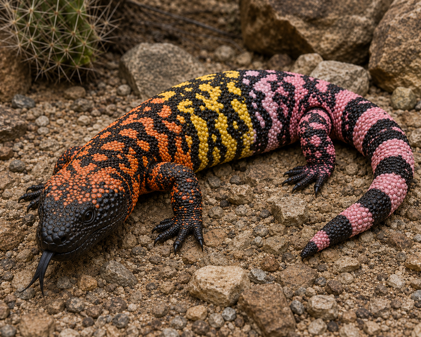 Colorful Gila Monster with vibrant pink, yellow, orange, and black scales lying on rocky desert ground.