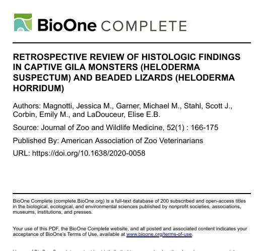 Cover page of a scientific article titled "Retrospective Review of Histologic Findings in Captive Gila Monsters and Beaded Lizards" published by BioOne Complete, authored by Jessica M. Magnotti, Michael M. Garner, Scott J. Stahl, Emily M. Corbin, and Elise E.B. LaDouceur, sourced from the Journal of Zoo and Wildlife Medicine, volume 52, pages 166-175. URL link to the article.