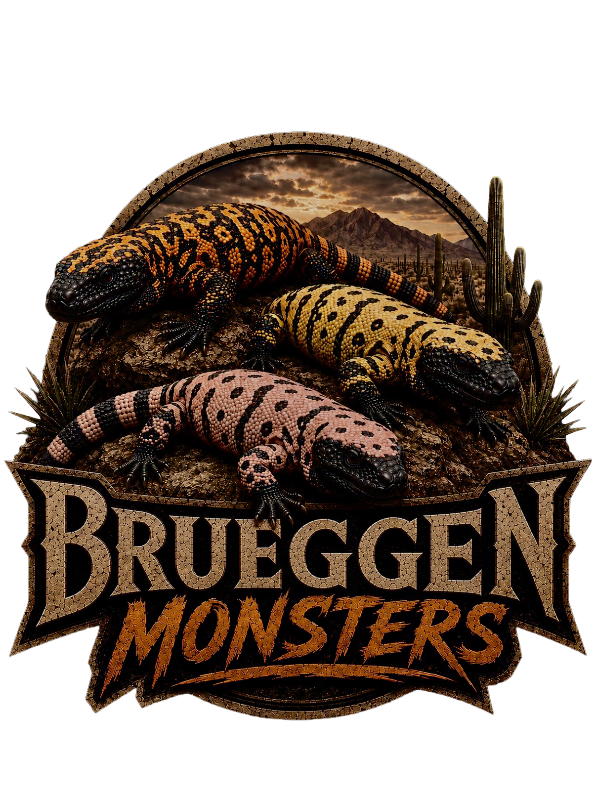 Three colorful lizards, with one black and orange, one yellow and black, and one pink and black, are perched on a rock in front of a desert landscape with cacti, mountains, dark clouds, and a sunset. The image features the text 'Brueggen Monsters' in a stylized font.