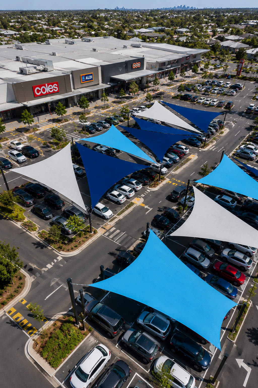 Retail Shopping centre shade sail installation.