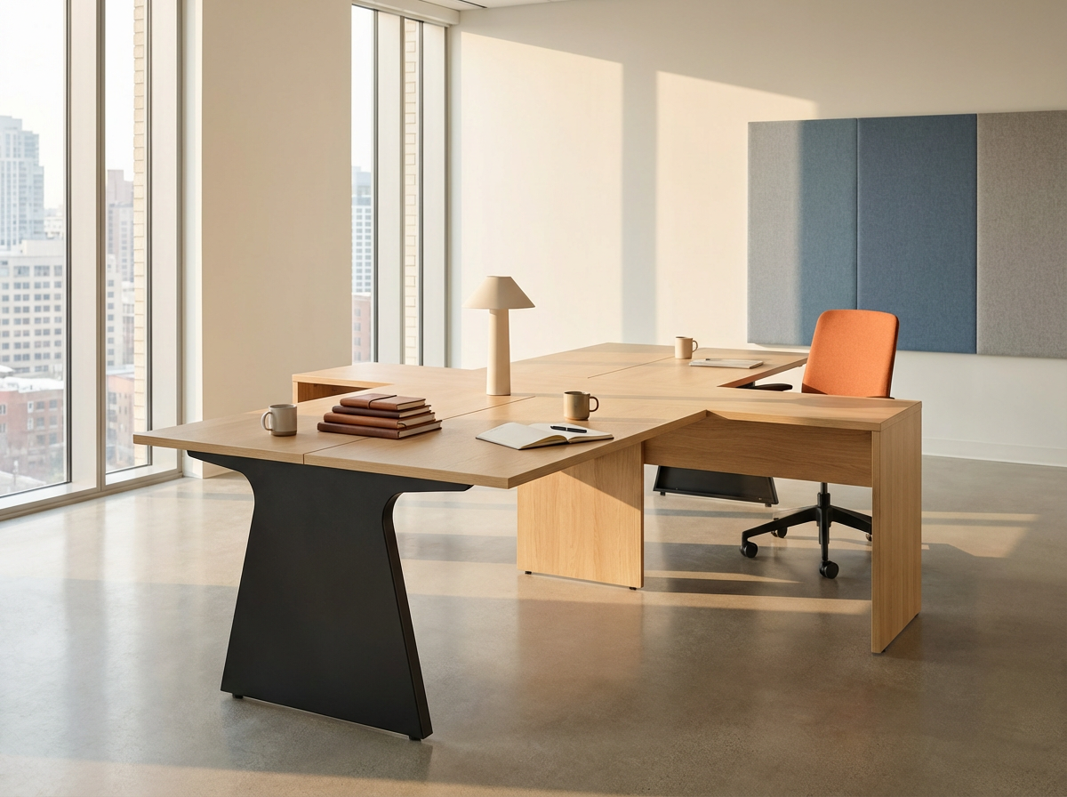 Oficina moderna con escritorio de madera, silla naranja, lámpara, libros y tazas, con ventanas grandes y vista de edificios urbanos.