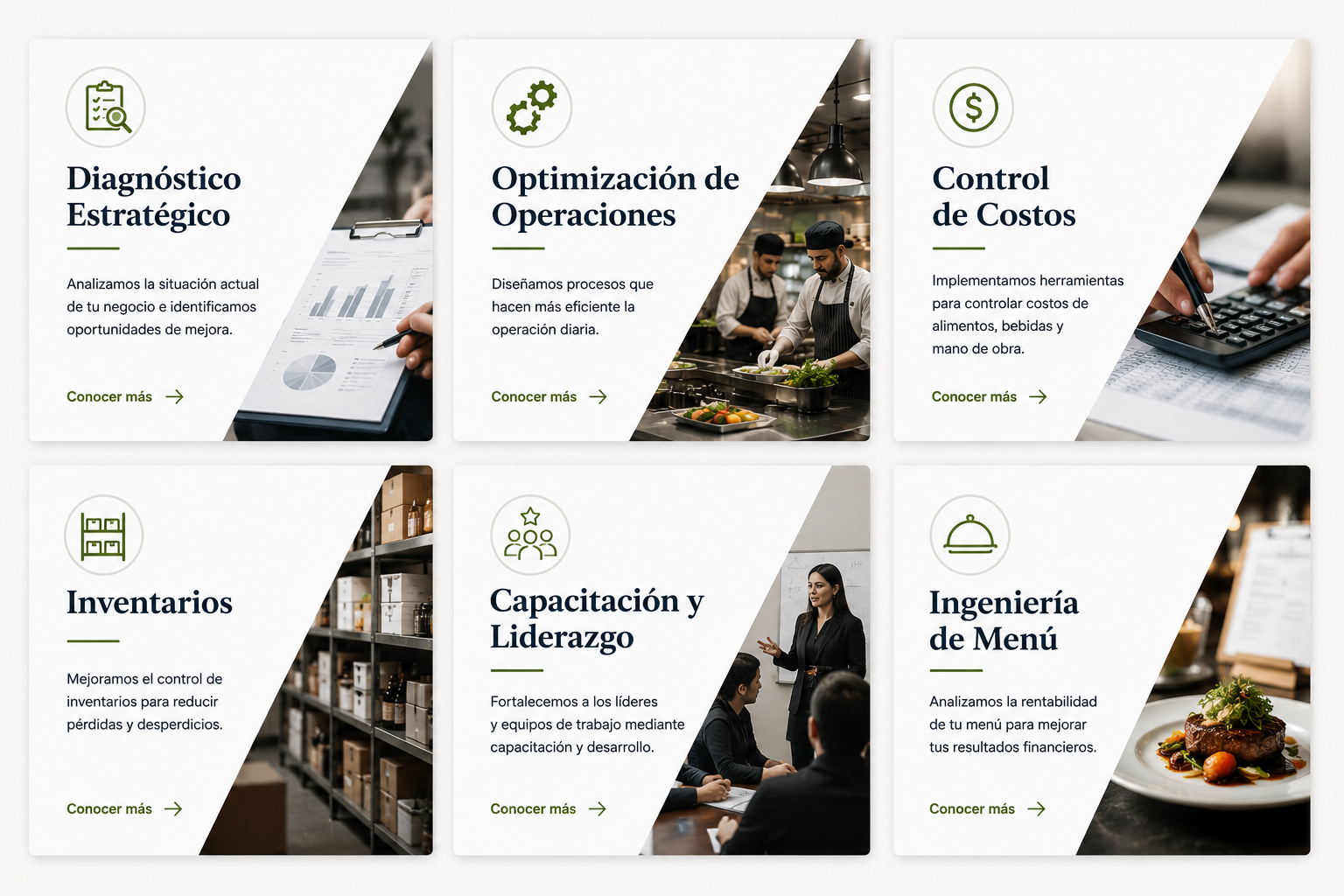 Seis tarjetas de servicios que incluyen Diagnóstico Estratégico, Optimización de Operaciones, Control de Costos, Inventarios, Capacitación y Liderazgo, e Ingeniería de Menú, con iconos y descripciones en español.