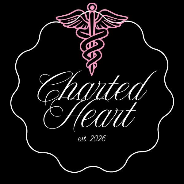 A logo with a pink caduceus symbol at the top, a white decorative border, the words 'Charted Heart' in elegant script, and 'est. 2026' underneath, all on a black background.
