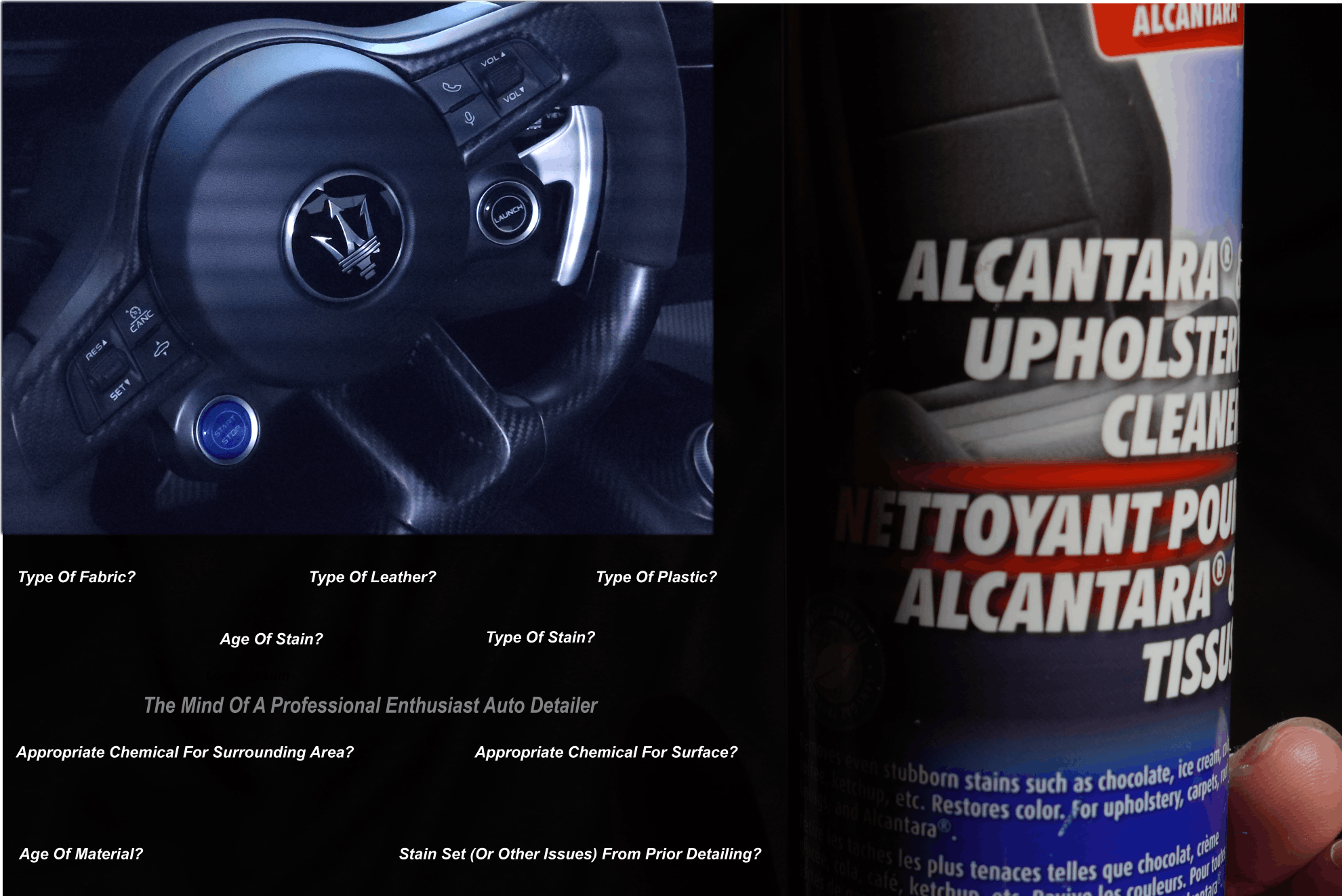 A car steering wheel with several buttons, including volume and phone controls, and a blue start/stop button. To the right, a container of Alcantera upholstery cleaner.  About a professional detailer's interior pre-detailing evaluation.