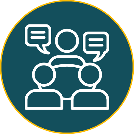 Icon of three people with conversation bubbles above their heads, representing discussion or communication.