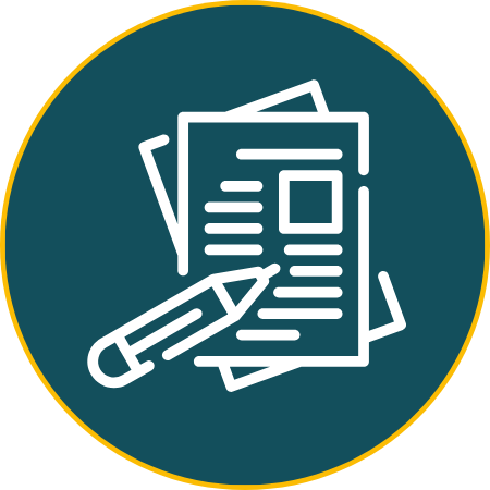 Icon of a pen writing on papers, representing documentation or writing.