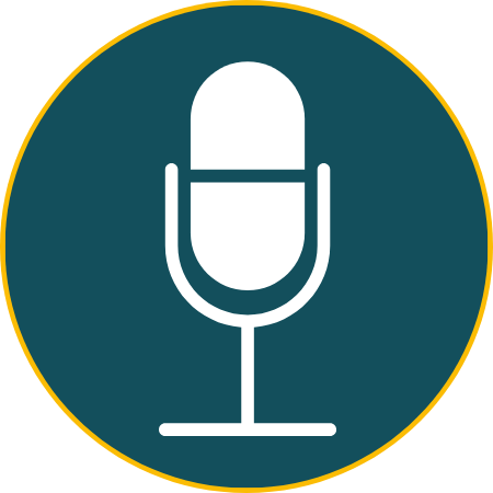 Icon of a microphone inside a dark teal circle with a gold border