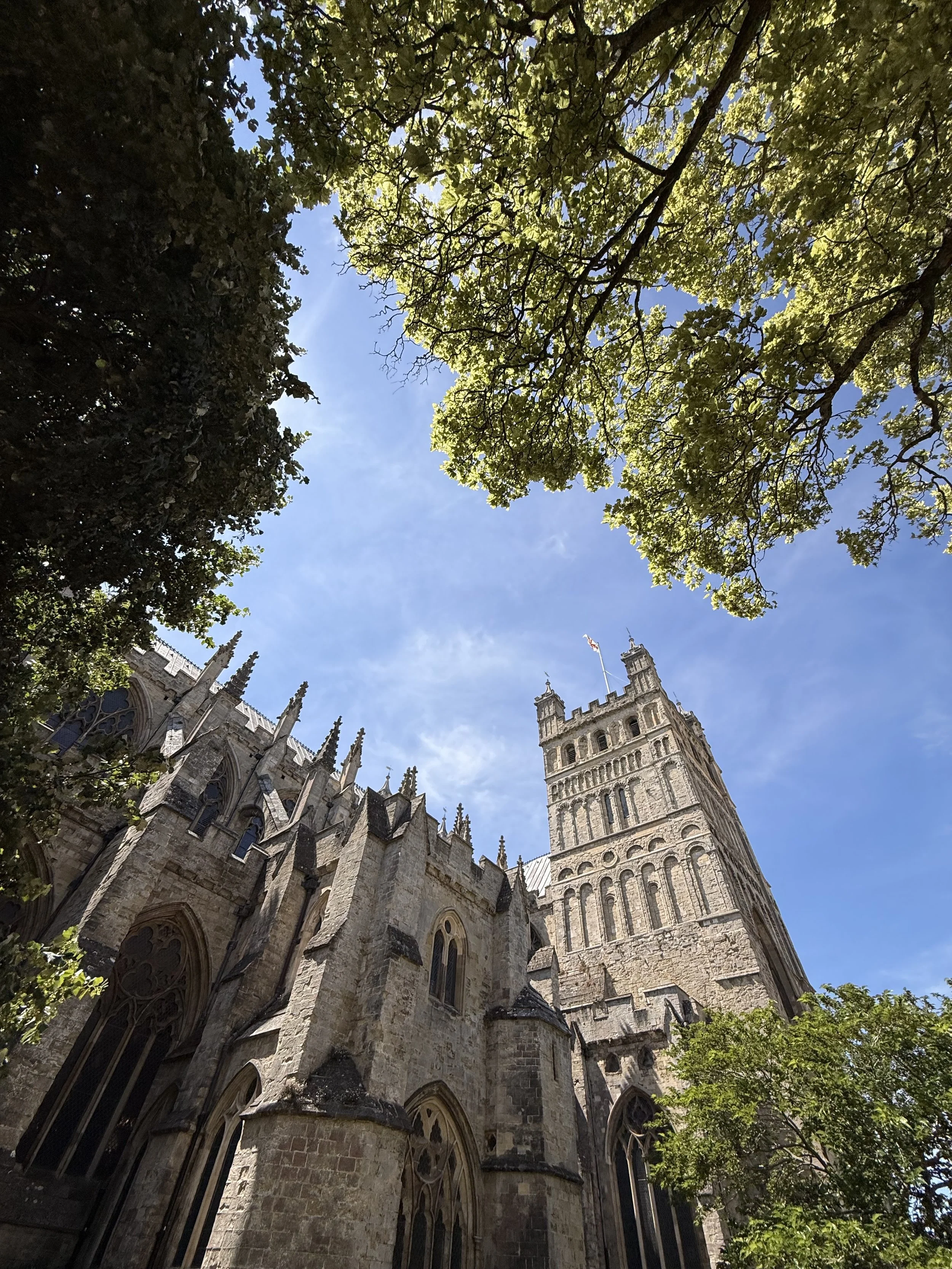 Low-angle view of Westminster Abbey with trees and a blue sky in the background.