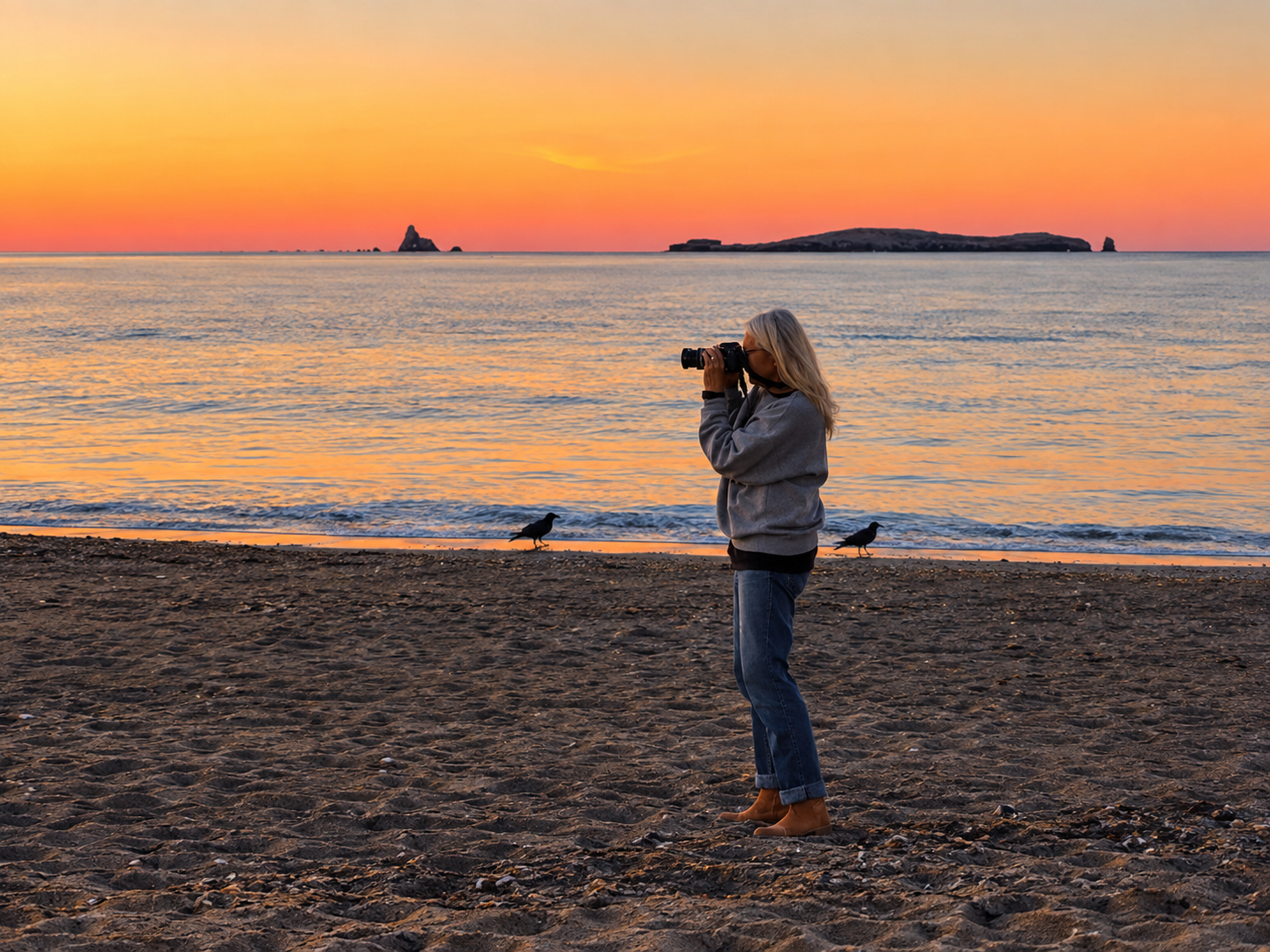 picture of judith mcdaniel on a beach at sunset taking a picture