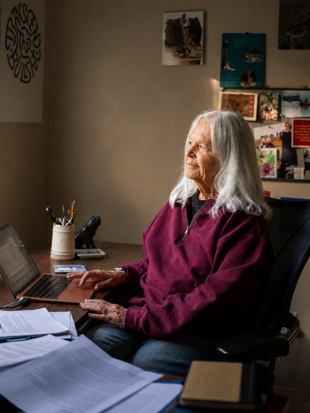 older woman sits at desk in front of laptop looking out window judith mcdaniel