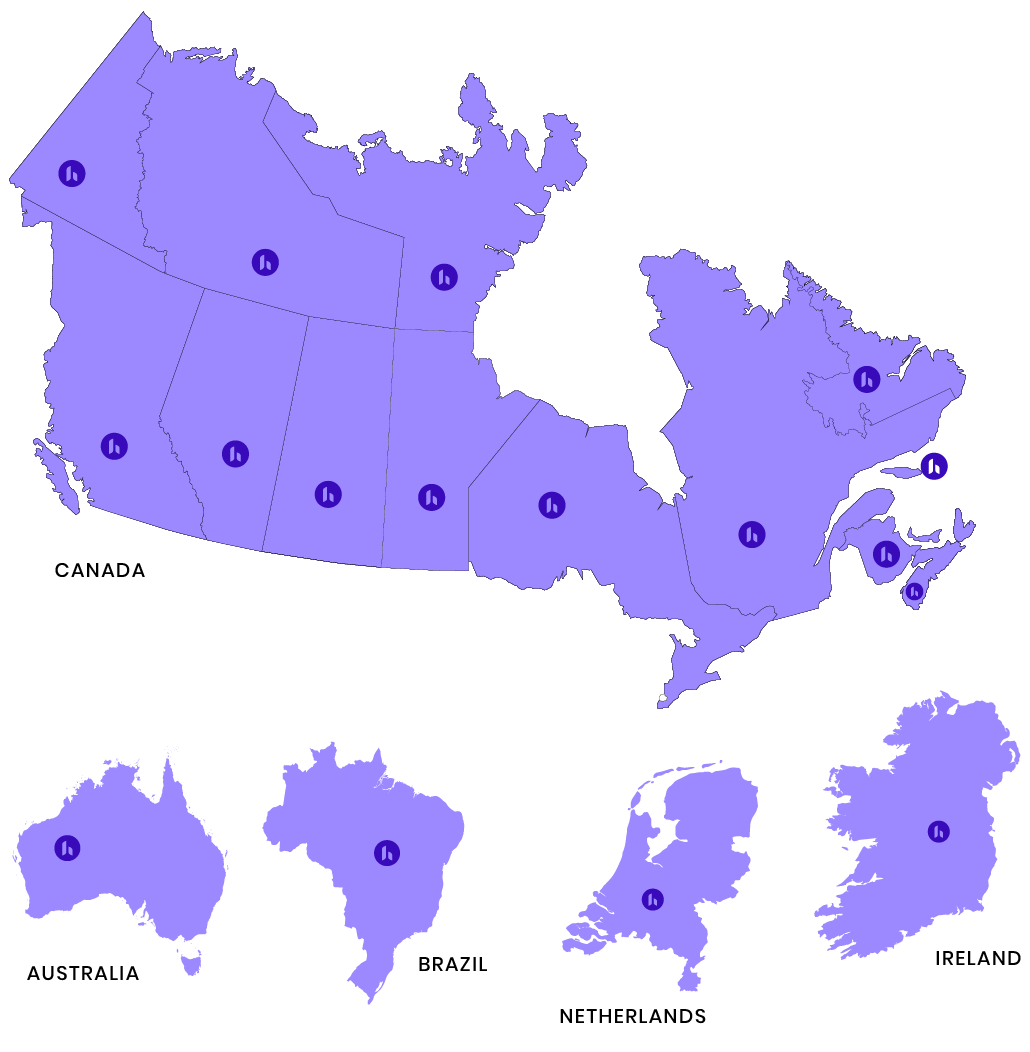 Map of Canada with regions highlighted and icons indicating locations across provinces and territories.