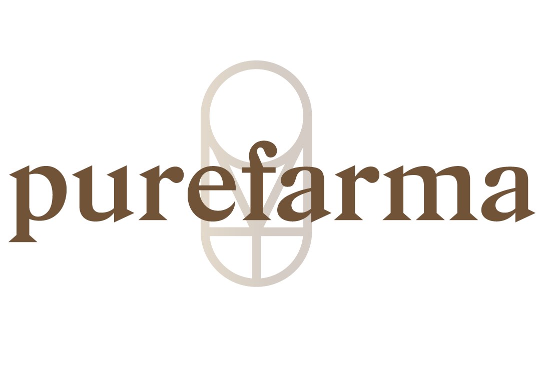 A logo for Pure Formula featuring a stylized capsule with a cross and compass design in the center, all in brown.
