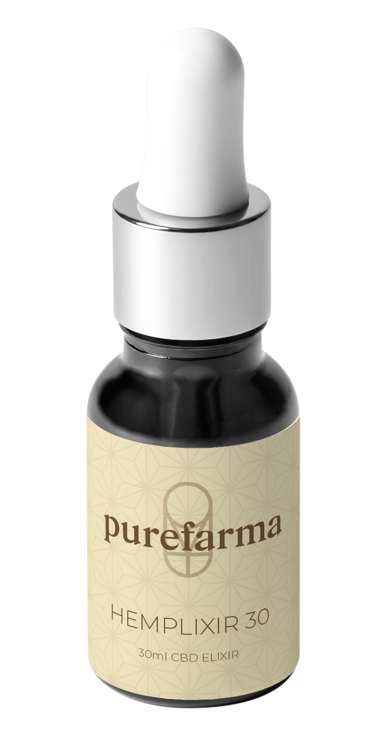 A small black bottle with a cream label reading 'Purefarma Hemplixir 30, 30ml CBD Elixir', topped with a white dropper cap.