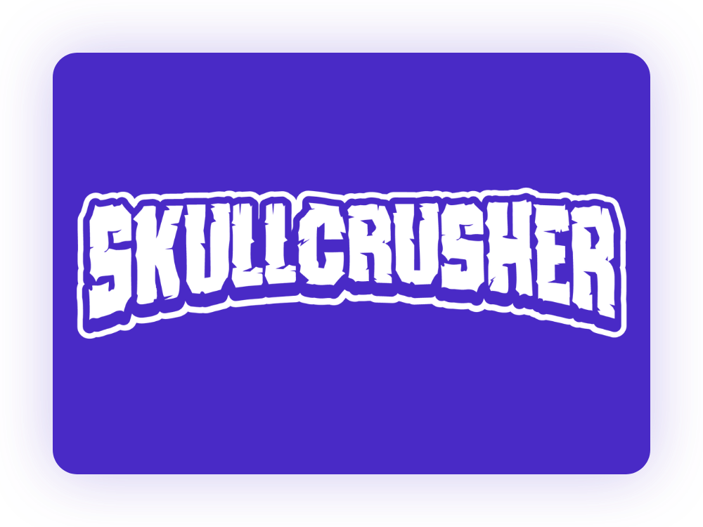 Colorful logo with the word 'Skullcrusher' in bold, cracked white letters on a vibrant blue background.