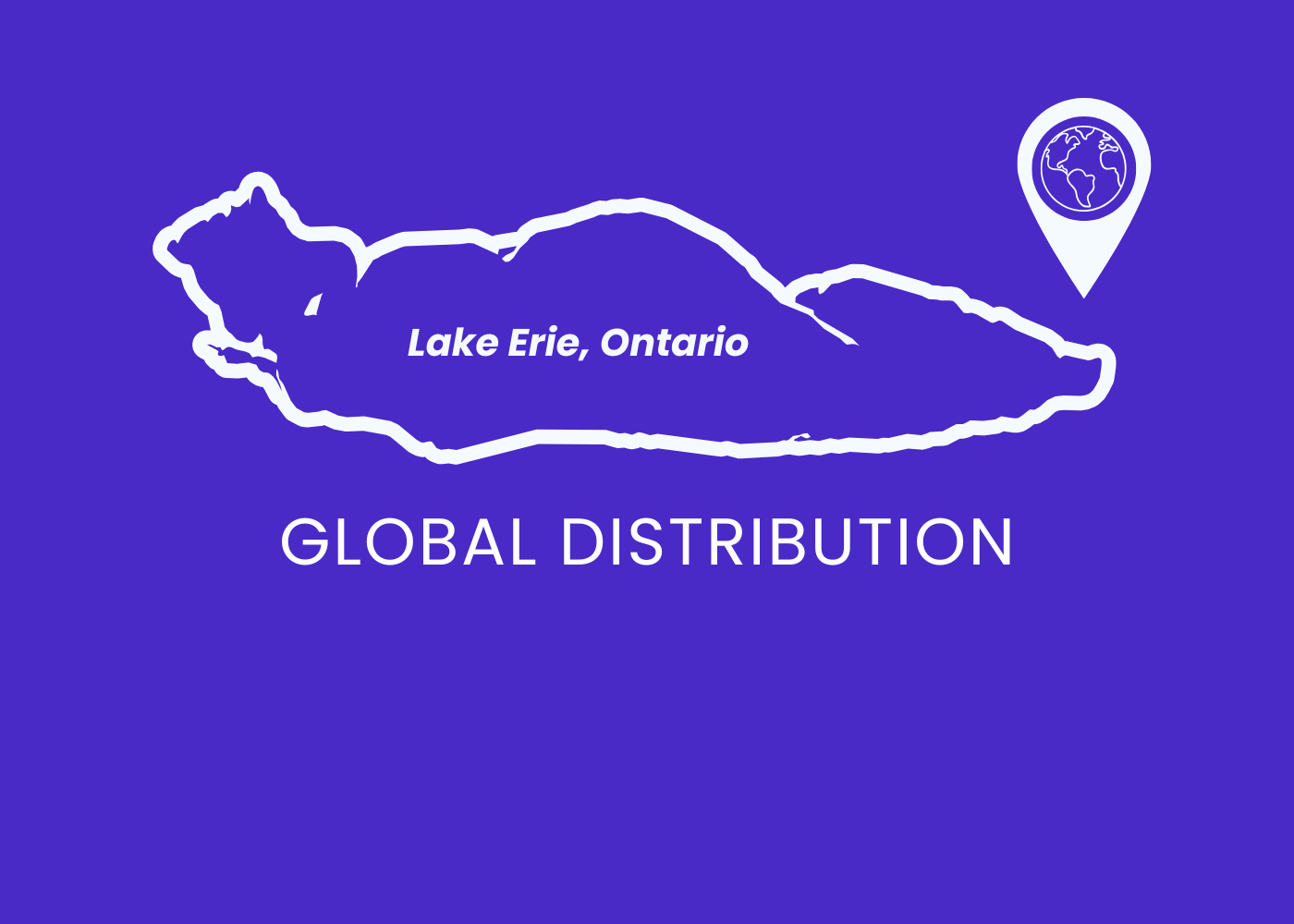 Map outline of Lake Erie in Ontario with text 'Lake Erie, Ontario' and 'Global Distribution' on a blue background, with a location pin showing the earth.