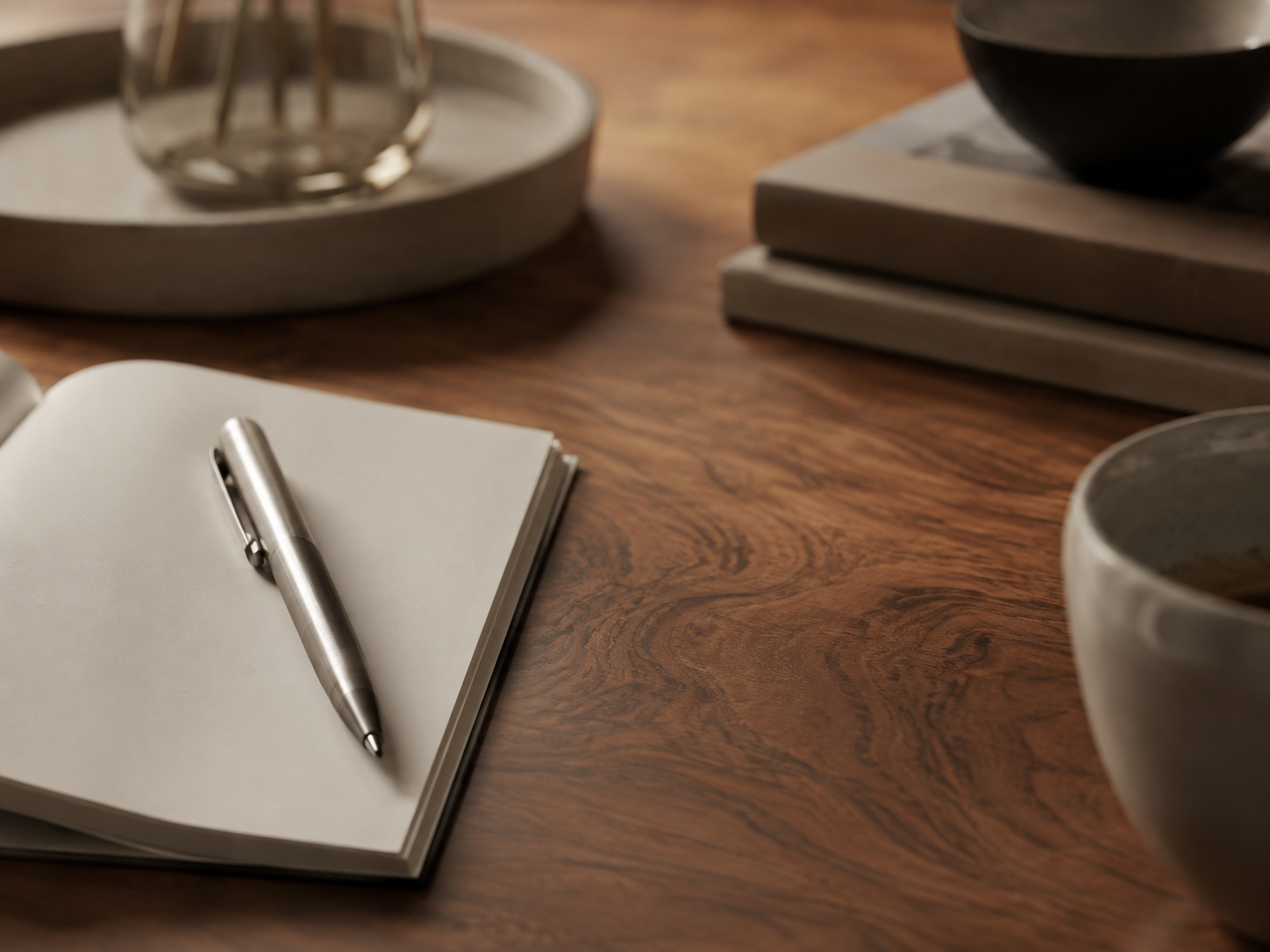 Cozy walnut desk with notebook, pen, and coffee — Hamm & Co. Real Estate, Whitefish, Montana