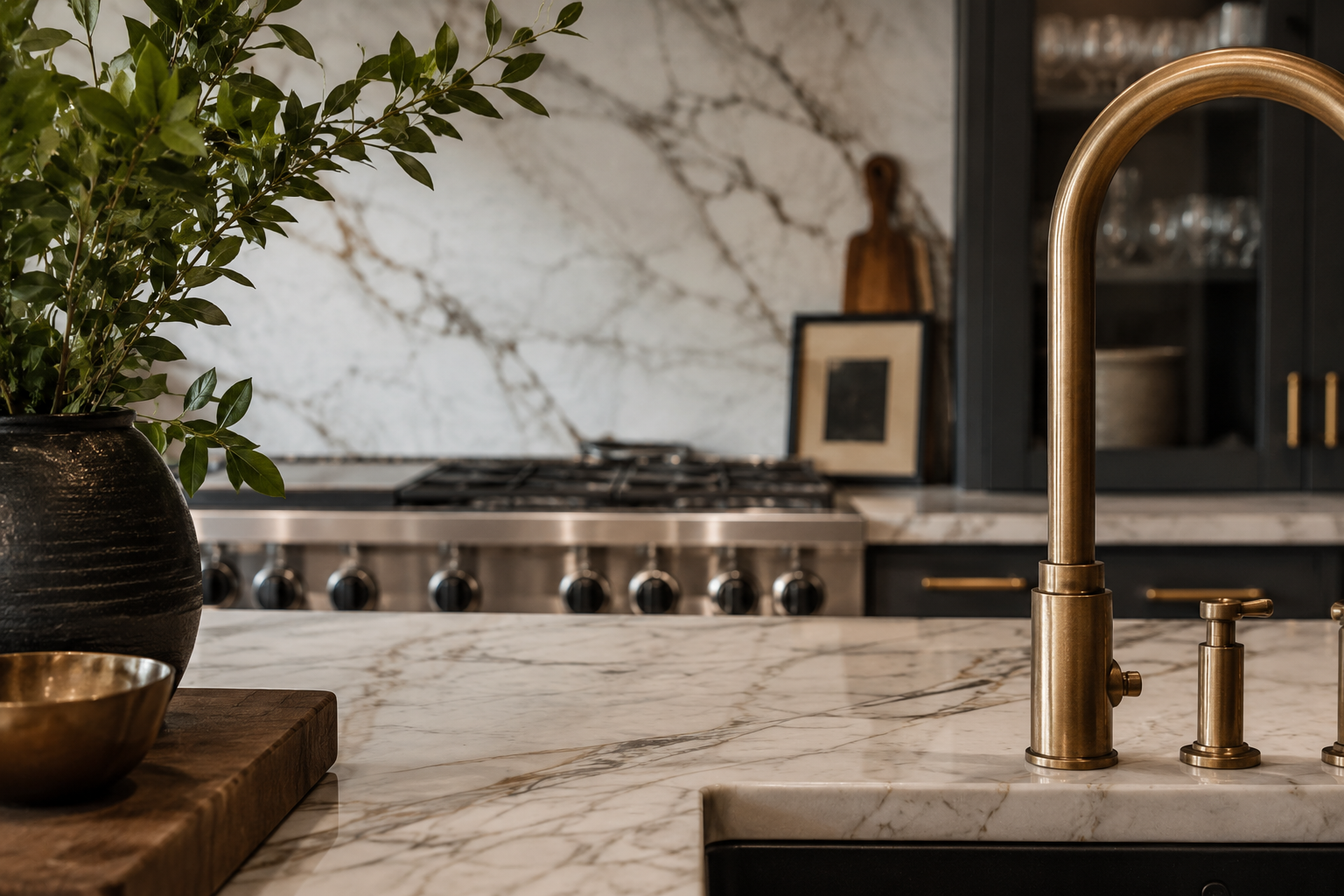 Luxury kitchen with marble countertop and gold fixtures, a Whitefish Montana property