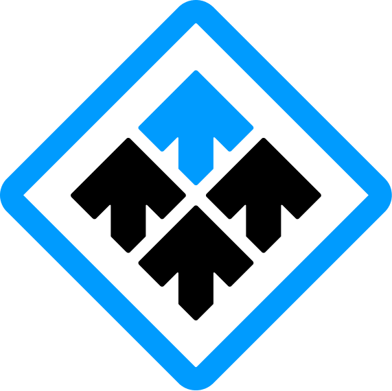 Blue warning symbol with an upward arrow inside a diamond-shaped border.