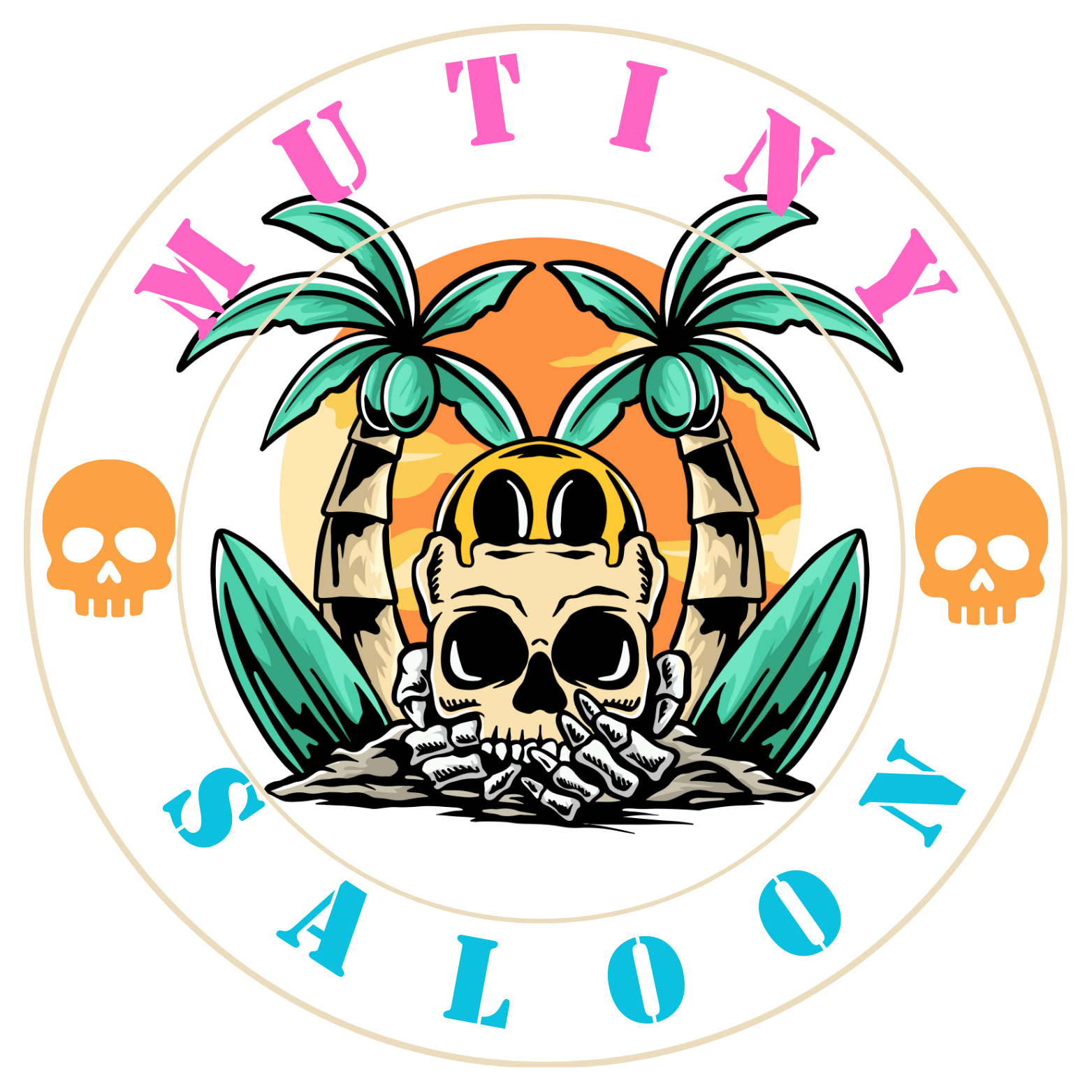 A tattoo design featuring a human skull holding a pair of green palm trees with clouds and a sunset in the background.