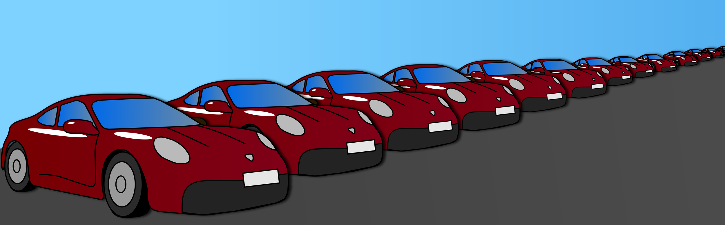 Multiple red cars parked in a row on a gray parking lot against a blue sky.