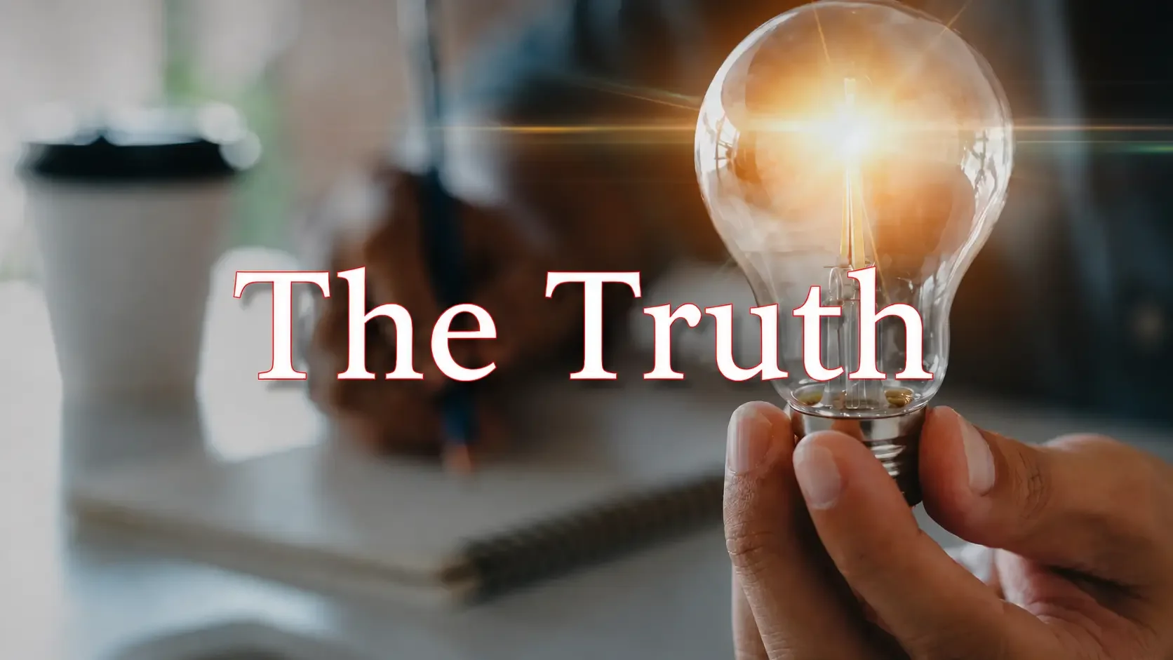 A person holds a light bulb with a visible filament, with sunlight or a bright light shining through it. In the background, a coffee cup, a notebook, and a pen are on a table. Overlaid on the image are the words "The Truth" in red text.