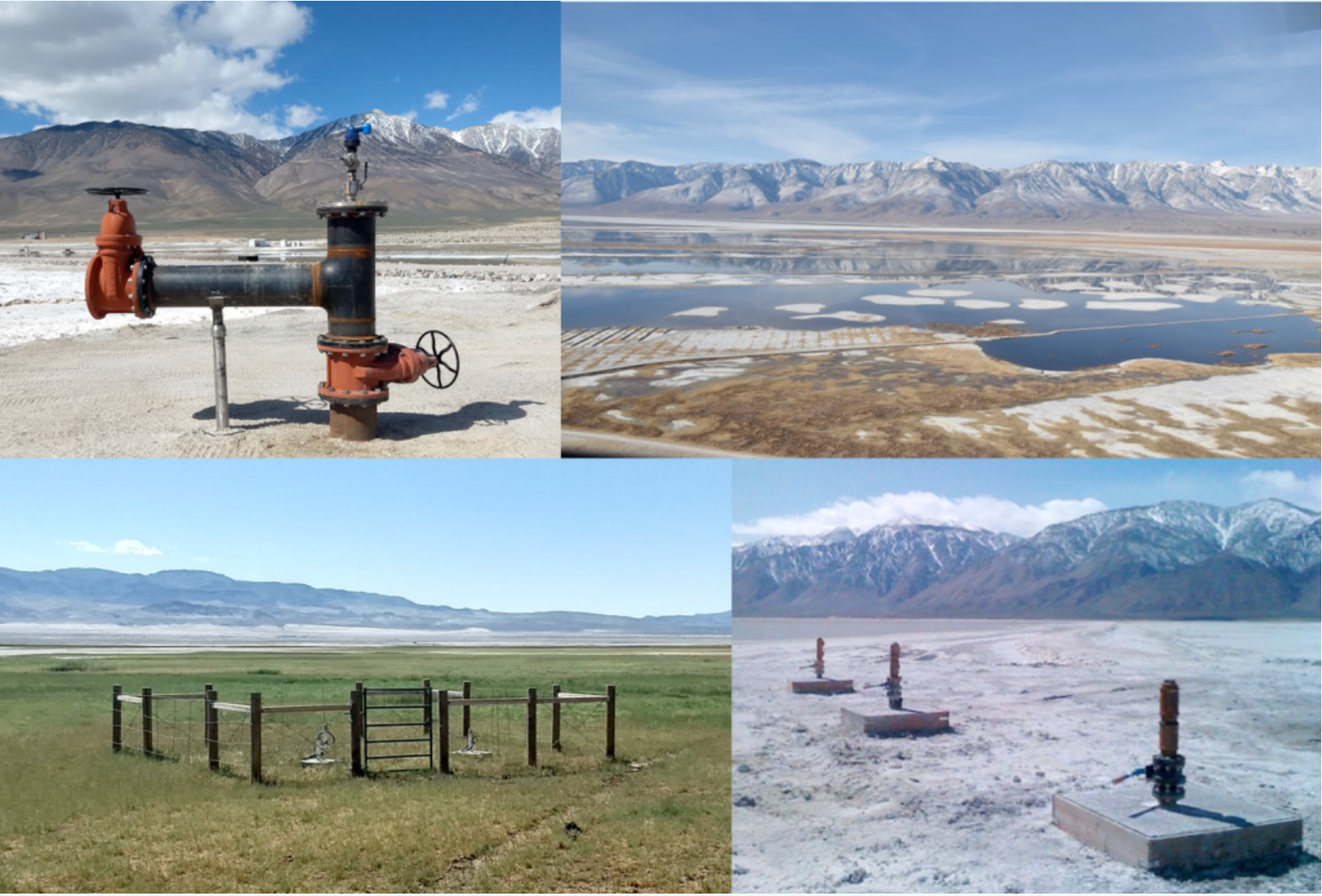 A collage of four images showing different environmental features: a pipeline in a dry mountainous area, a salt lake with mountains in the background, a fenced grassy field, and a salty plain with some pipes and equipment.