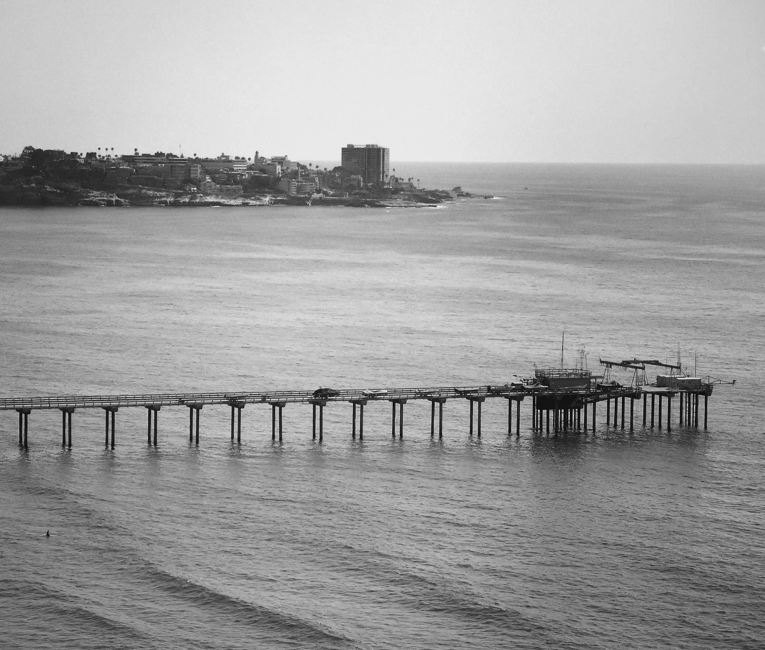 Black and white photo of a shoreline with buildings and palm trees in the distance, a pier extending into the water in the foreground, and the ocean and sky in the background.