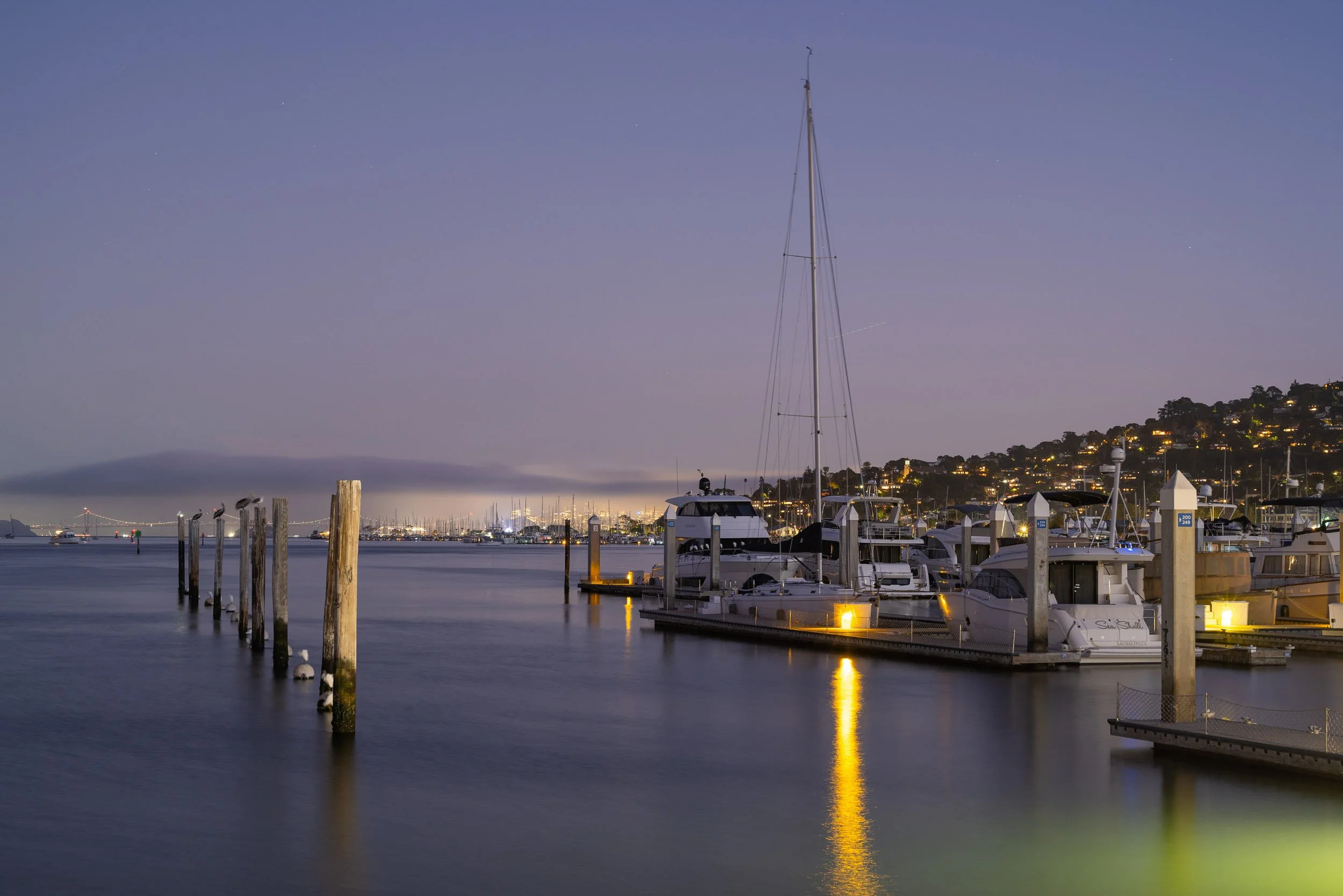 A marina at night with boats docked, calm water reflecting lights, and a hillside with illuminated houses in the background.
