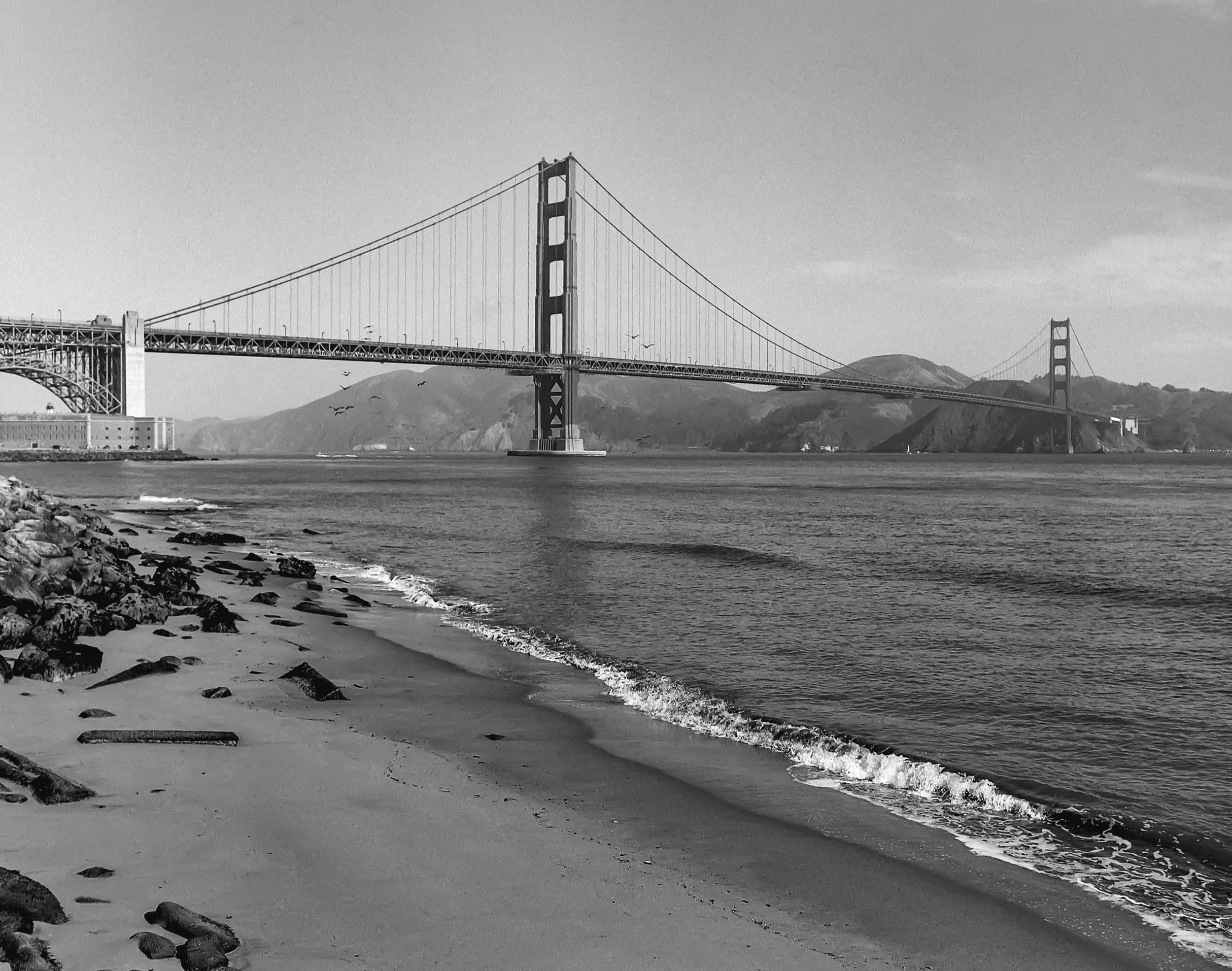 A black-and-white photo of the Golden Gate Bridge 