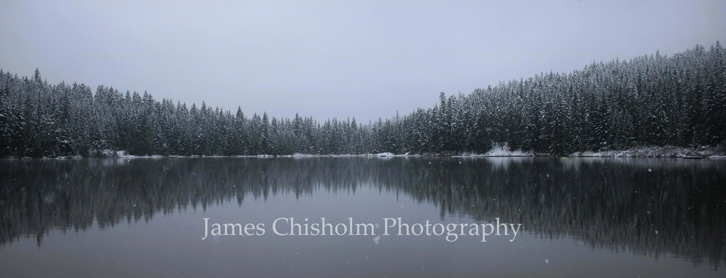 Snow-covered trees in Canada reflected in a calm lake during snowfall with overcast sky.