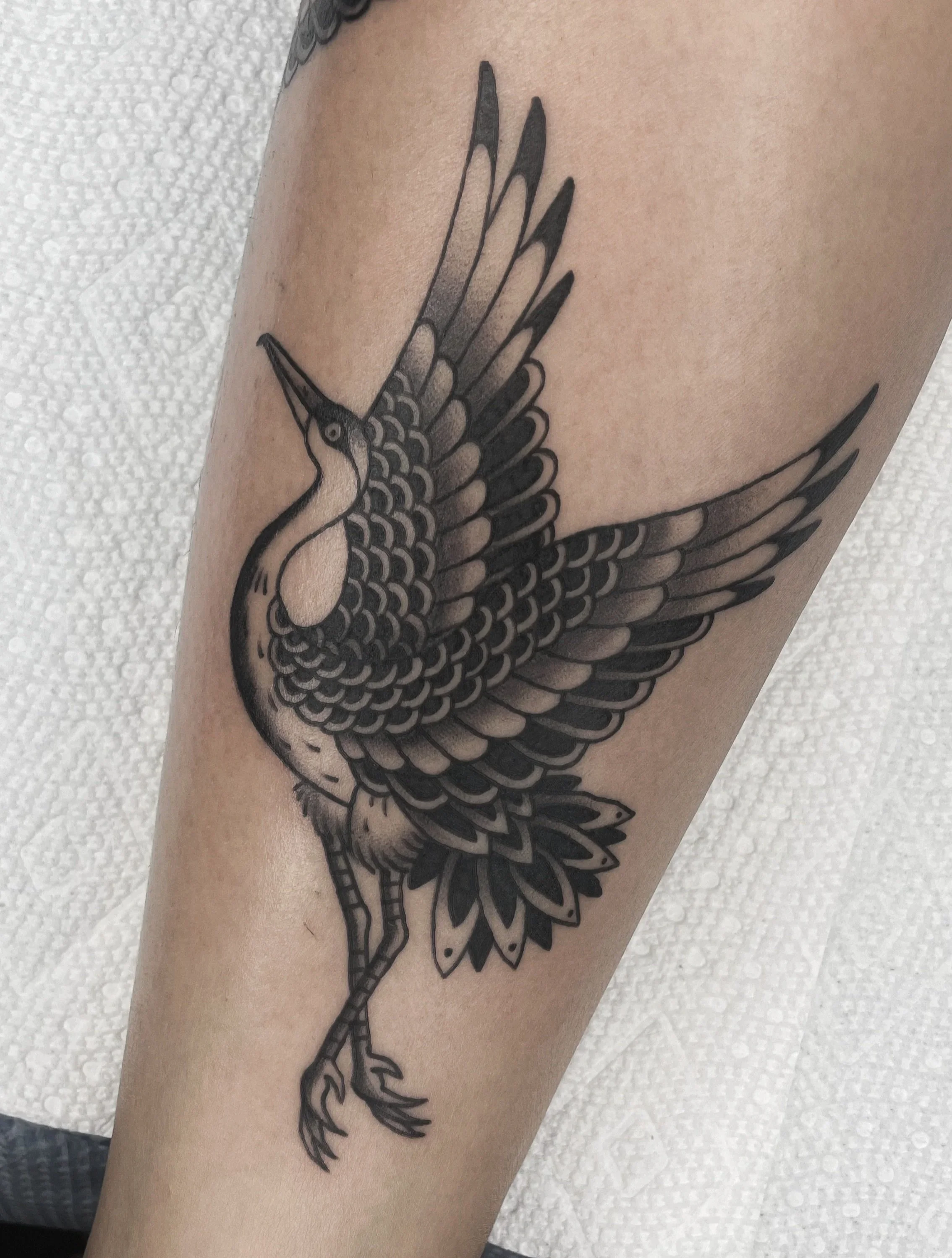 A tattoo of a detailed, black and gray crane with outstretched wings on a person's leg.