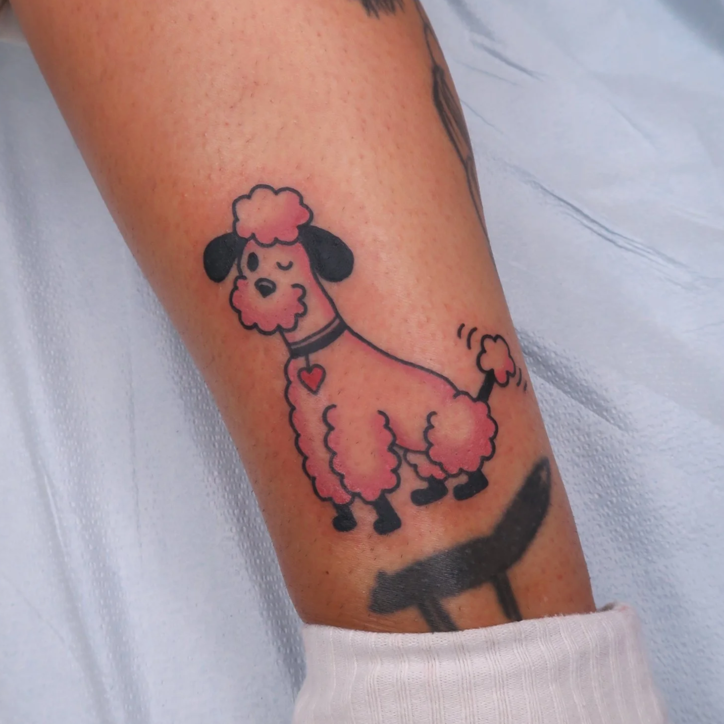 Colorful tattoo of a pink poodle with black ears, black paws, and a fluffy tail on a person's leg.