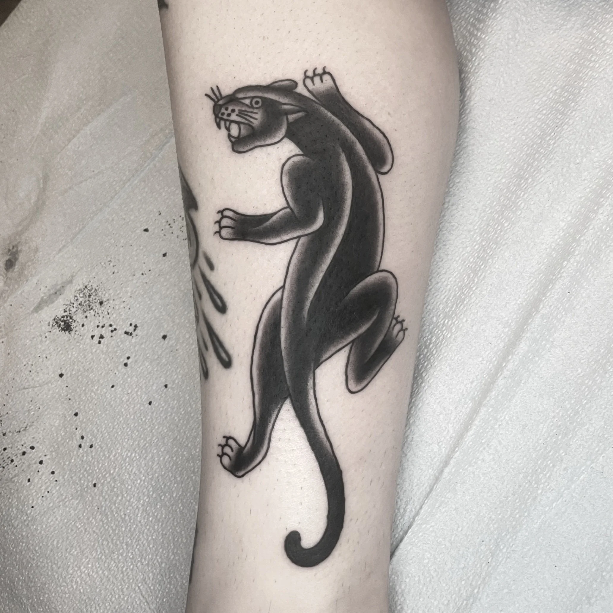 Tattoo of a black panther on a person's arm.
