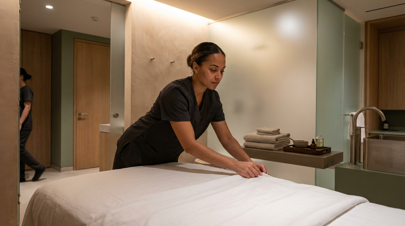 A woman in black scrubs making a bed in a spa or hotel room, with neatly folded towels and skincare products on a small counter.