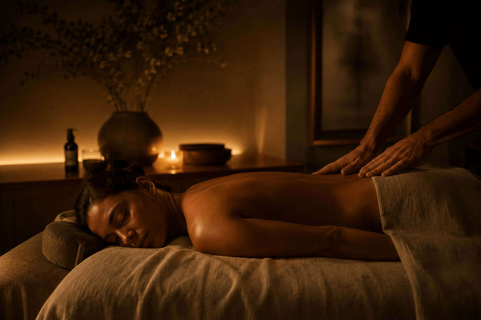 A woman receiving a massage in a dimly lit spa room with candles and decorative items in the background.