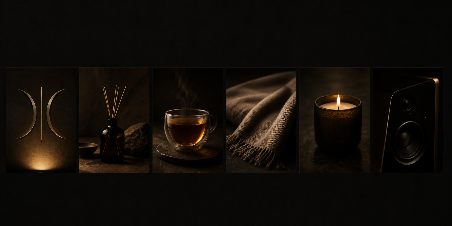 A collage of six dark and warm-toned images including a music speaker, incense diffuser, steaming tea cup, textured cloth, lit candle, and a speaker.