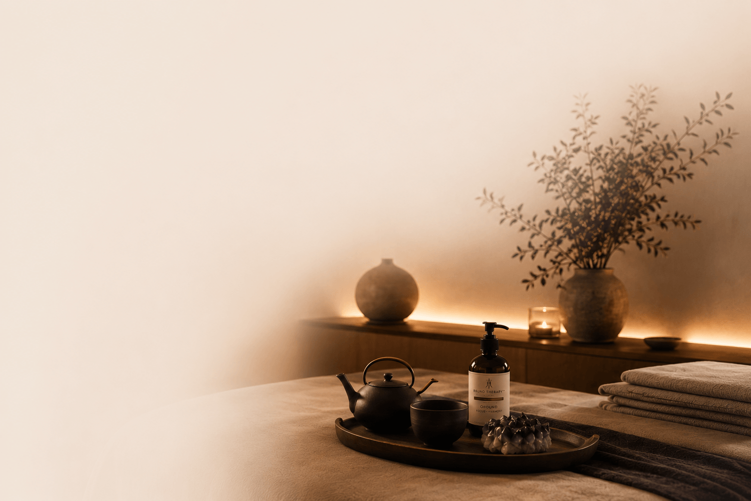 A serene spa room with a wooden tray on a massage table holding a teapot, a bowl, and a bottle of massage oil. In the background, a large vase with leafy branches, a small candle, and a decorative sphere are displayed on a wooden shelf against a softly lit wall.