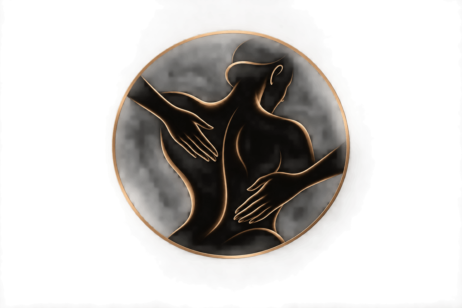 Neon-style outline of a woman with two hands gently touching her back, displayed within a circular glow.