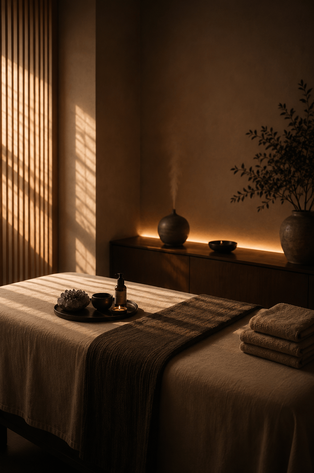 A tranquil massage room with dim lighting, a massage table covered with a beige sheet and a dark runner, neatly folded towels on the side, a tray with a crystal decoration, a bottle of massage oil, a small candle, and decorative vases with plants in the background.