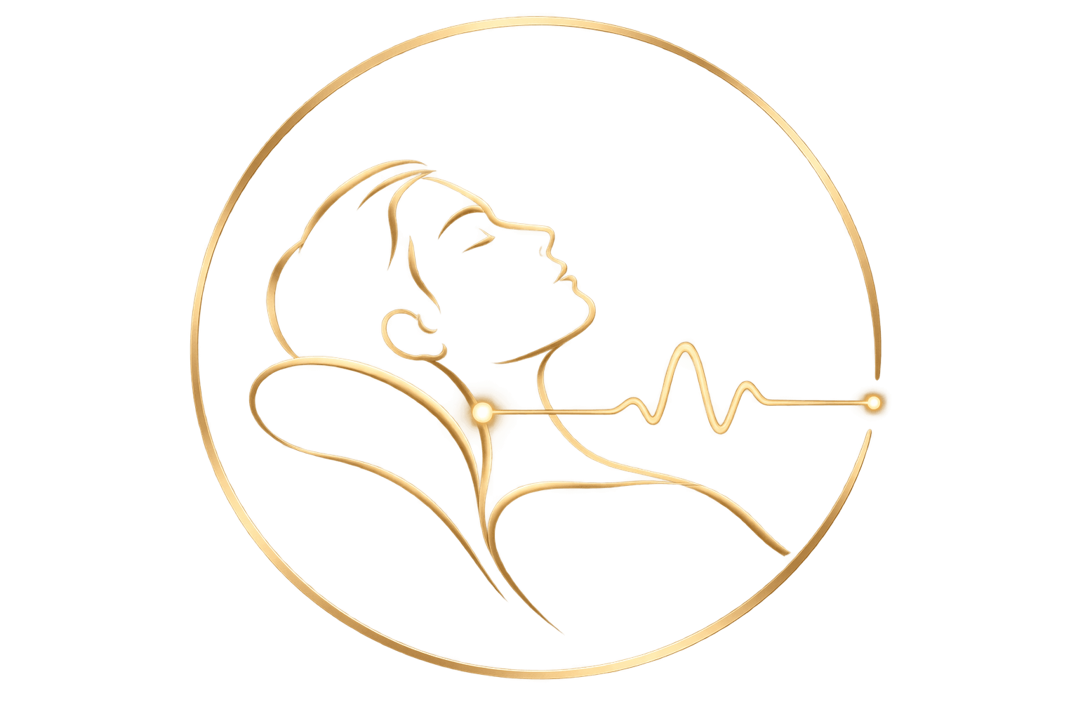 A gold outline of a person with their head tilted upwards, surrounded by a circular line, with a heartbeat line extending from their neck.