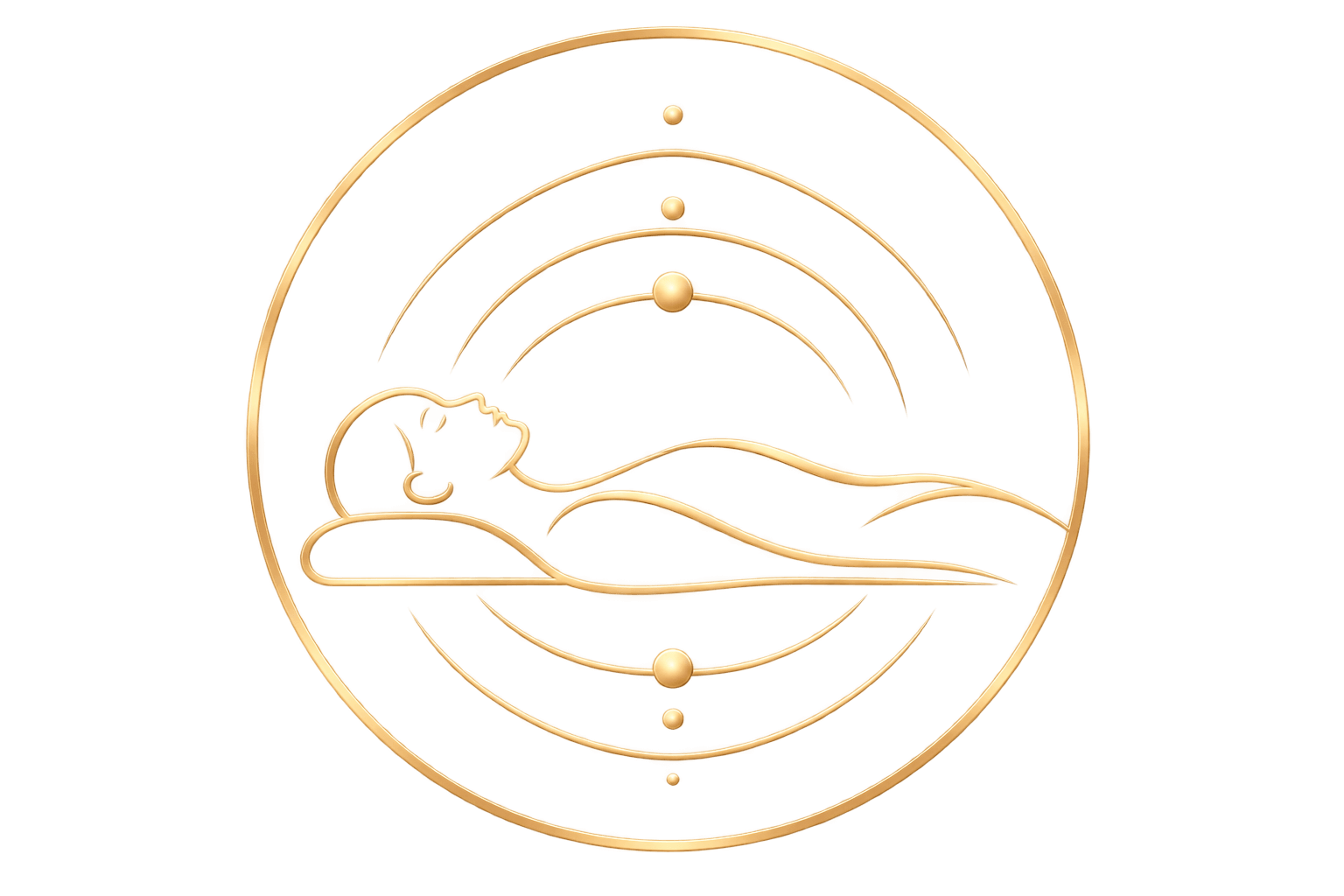 Gold line drawing of a woman lying down with her eyes closed, surrounded by concentric circles and small dots.