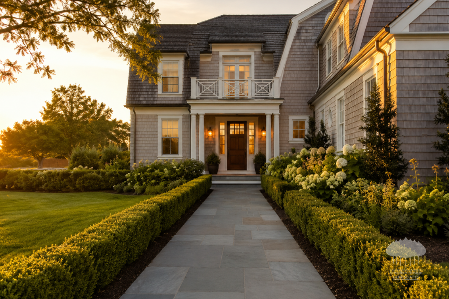 Guest-ready Hamptons landscaping with manicured entrance and warm evening lighting