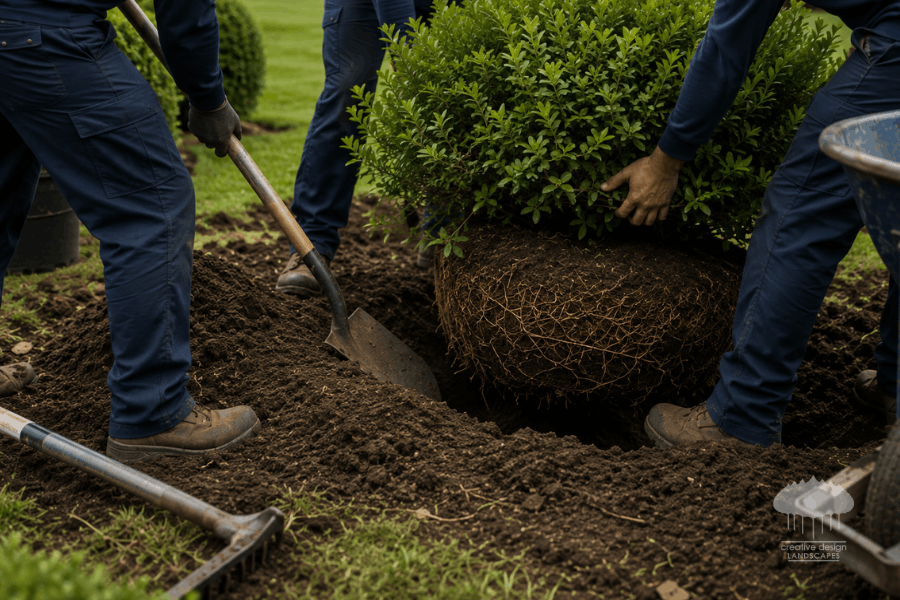 Landscaping crew digging a planting hole for a shrub with an exposed root ball during Hamptons fall transplanting.